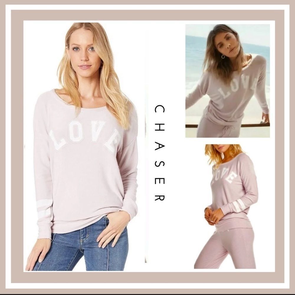NWT Chaser Super Soft Light Pink Varsity Stripe Sleeve Crewneck Sweatshirt Sz S